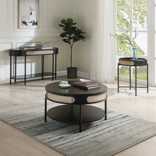 Colson Rattan Living Room Tables - Cane Insert & Metal Frame in Black