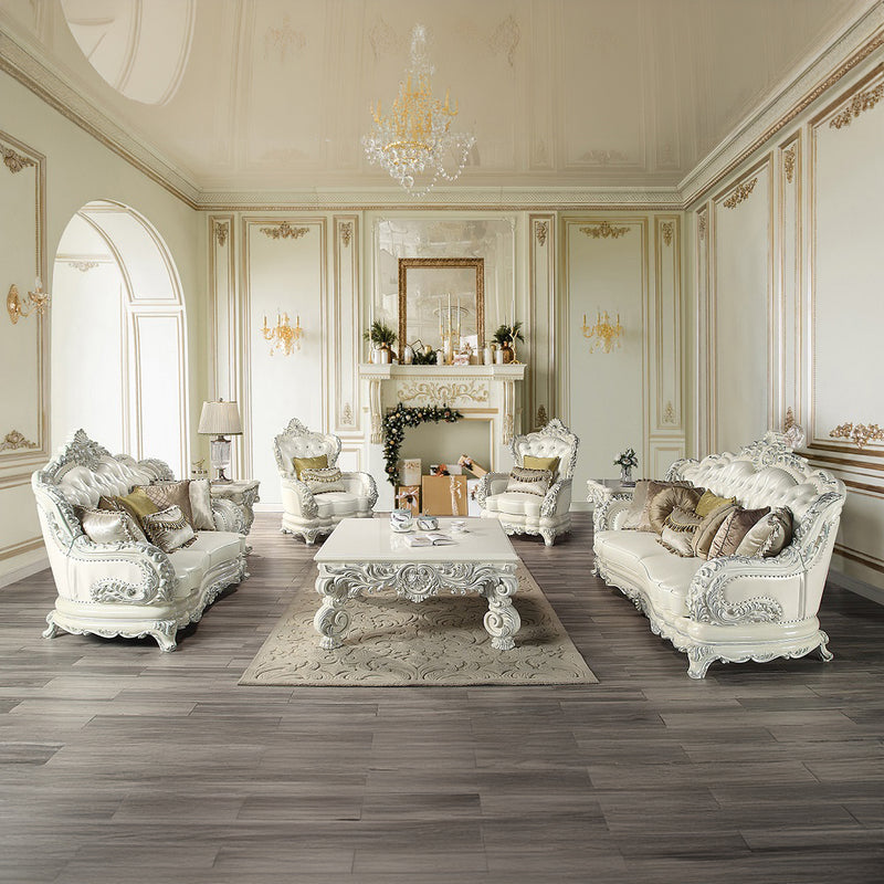 Adara Rococo Sofa, Loveseat & Chair - Camel Back, Diamond Tufting & Carved Frame in Pearl White & Antique White