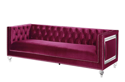 Heibero Glam Sofa, Loveseat & Chair - Button Tufting & Mirrored Trim in Burgundy Velvet