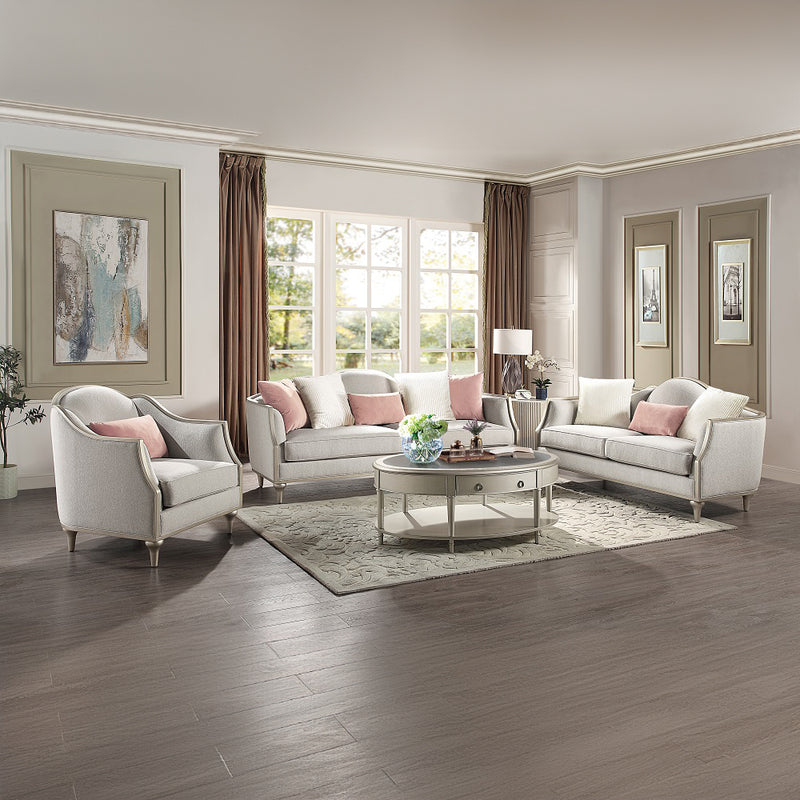 Kasa Camel-Back Sofa Collection & Stone-Top Tables - Beige Linen with Champagne Wood Trim