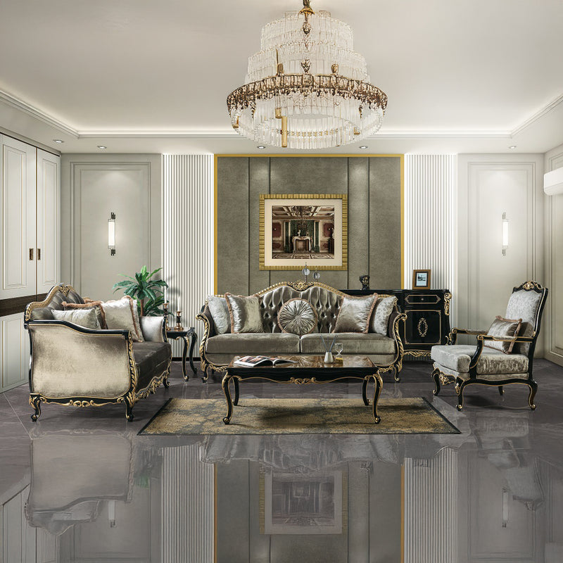 Betria Velvet Loveseat & Ornamental Mirror - Gold Carved Details & Black High Gloss