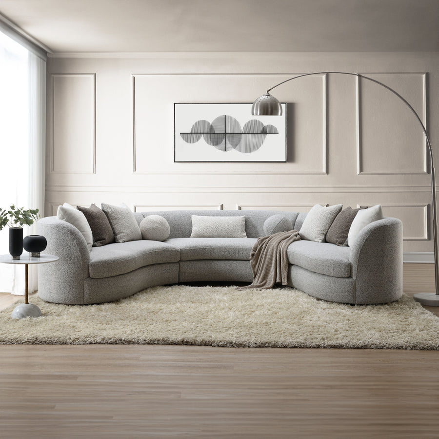 Ivria Curved Sectional Sofa with 9 Pillows - Sweeping Silhouette in Gray Boucle