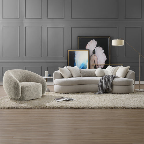 Iniko Curved Sofa with 6 Pillows - Flowing Silhouette & Wood Legs in Beige Boucle