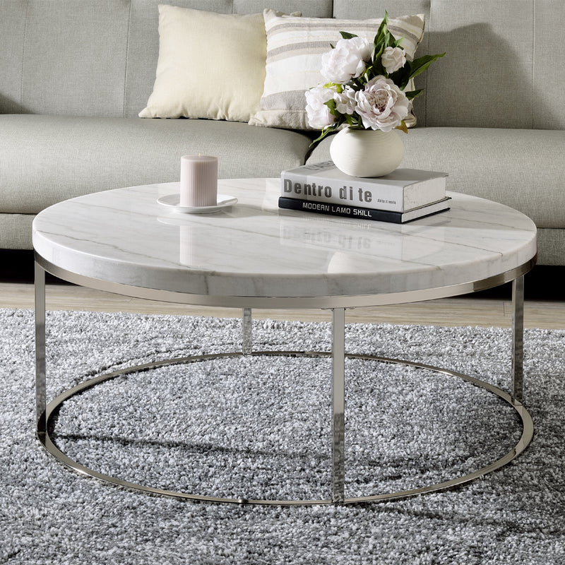Zaidee Natural Marble Top Round Coffee & Nesting Tables - Metal Base in Nickel or Champagne