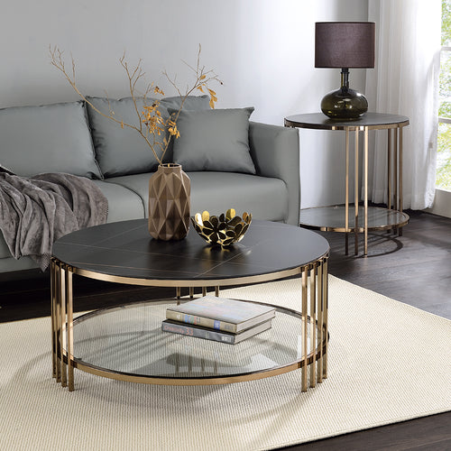 Abisha Round Coffee & End Table - Sintered Stone Top & Metal Frame in Champagne