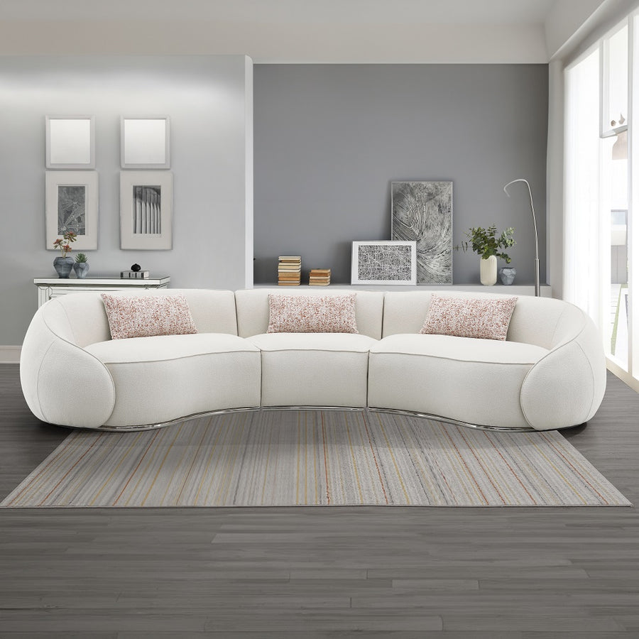 Sahara Curved Boucle Sectional & Round Ottoman - Pocket Coil Seating on Stainless Steel Base in Beige