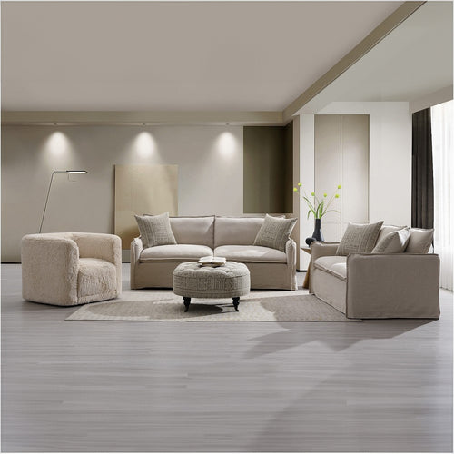 Upendo Sofa, Loveseat & Swivel Chair - Feather Down Cushions in Beige Linen