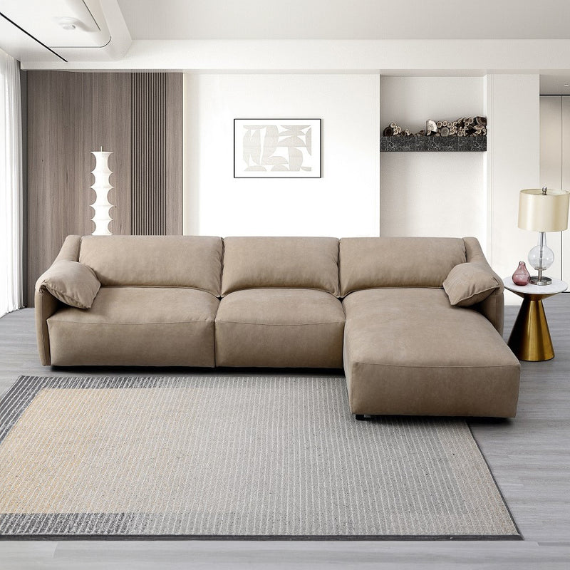 Veata Sectional Sofa with Chaise - Plush Cushions in Light Brown Suede