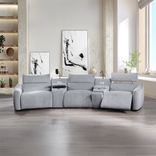 Fullar Modular Power Reclining Sectional Pieces - Wireless Charging & Speaker Consoles in Light Gray Chenille