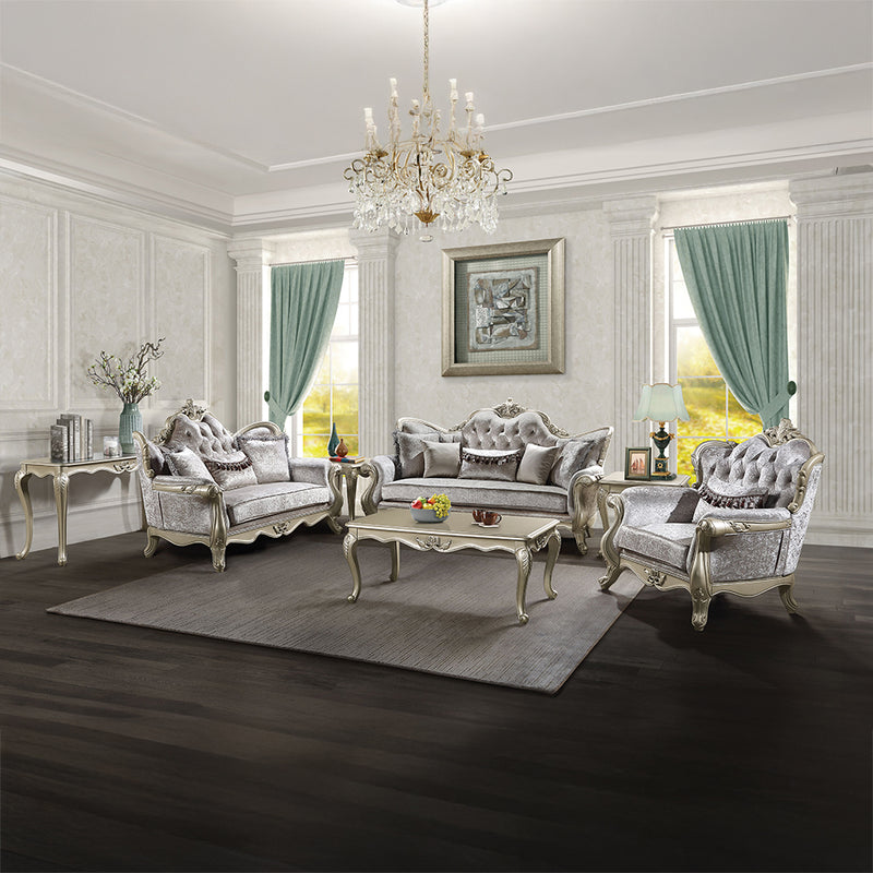 Libertee Sofa & Loveseat - Button Tufted Back & Floral Trim in Beige Fabric with Champagne