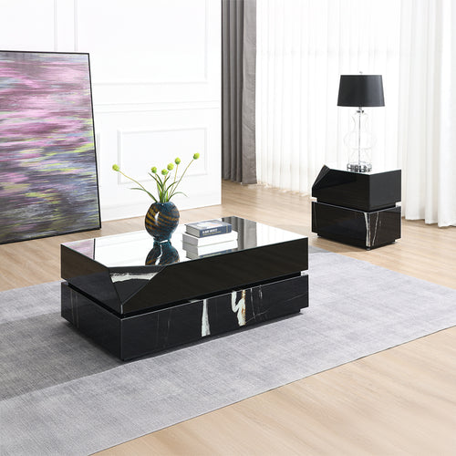 Drisana Living Room Collection - Black Mirrored Marble Grain Tables, Fireplace TV Stand & Accent Mirror