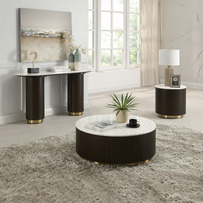 Clayten Marble-Top Occasional Tables & Mirror - Metal Trim Accents in Espresso