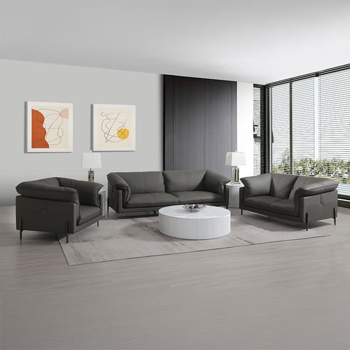 Tadi Modern Leather Sofa, Loveseat & Chair - Plush Feather Down Cushions in Black Top Grain Leather