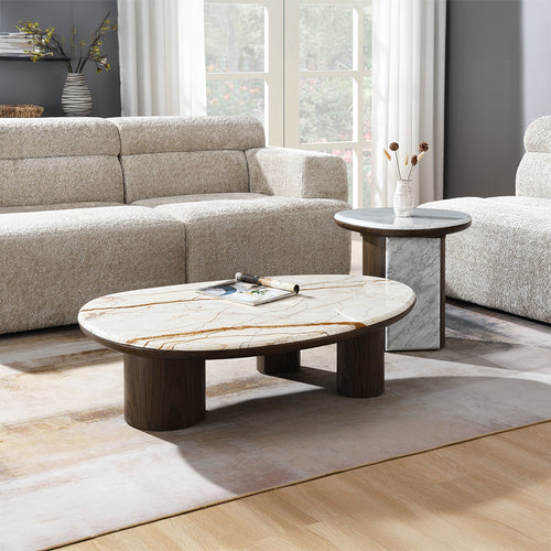 Haidar Natural Marble Coffee, End & Console Tables - Sculptural Pedestal Legs in Brown, plus Round Mirror