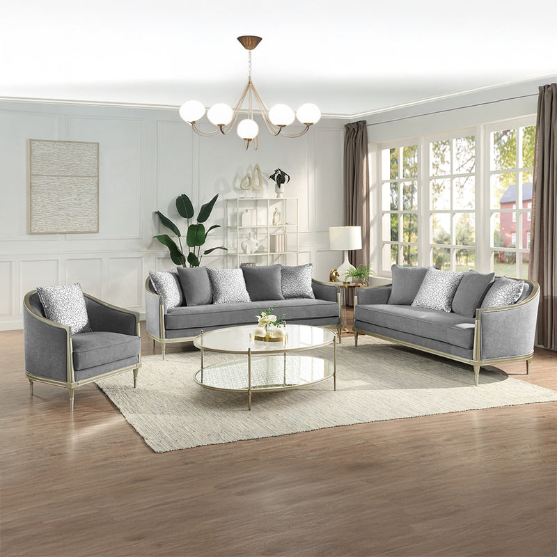Fernando Contemporary Sofa & Loveseat - Pocket Coil Seats & Champagne Accents in Gray Chenille