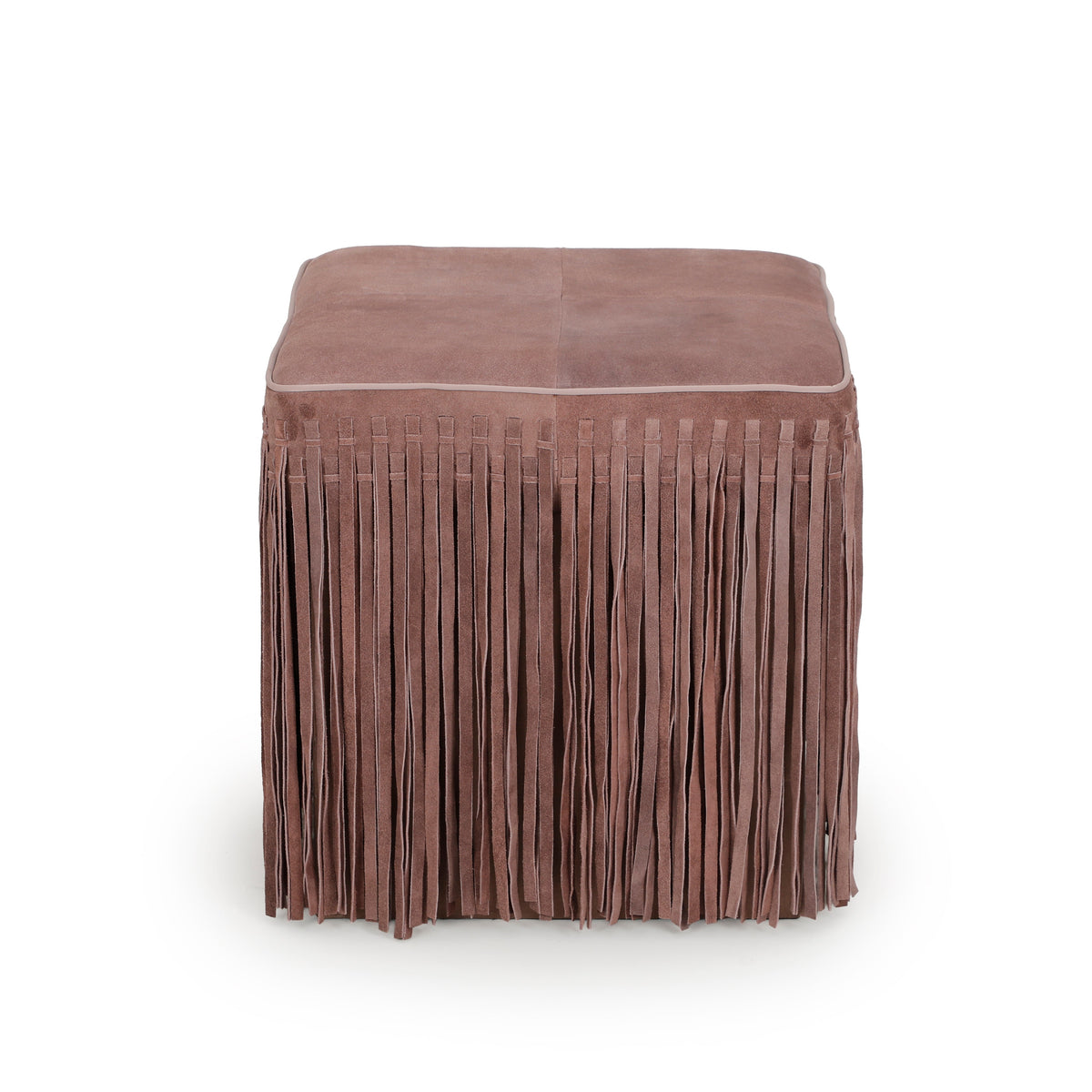FOAK Daphne square suede fringe ottoman side view on neutral background