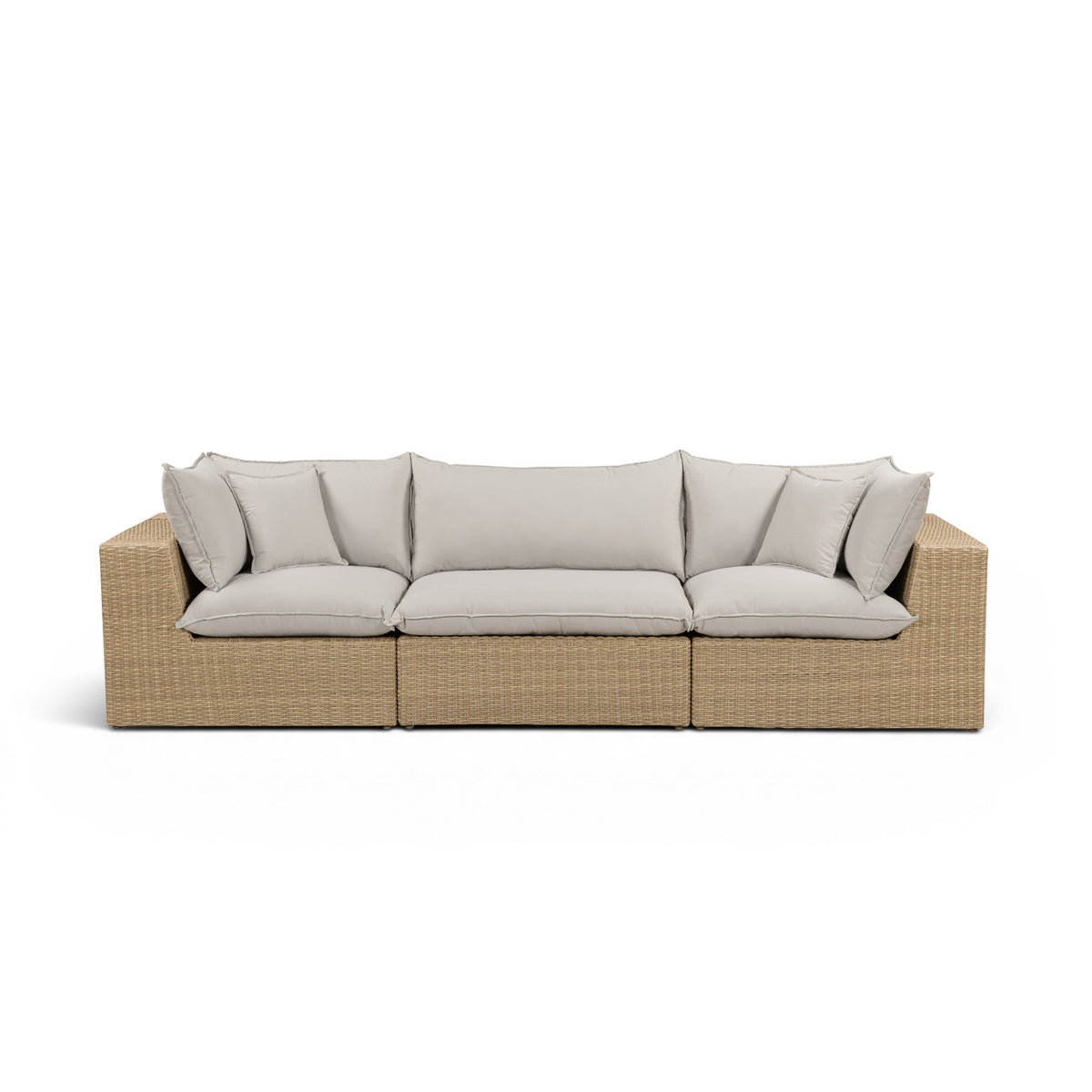 Cali 120-inch performance fabric sofa high-angle layout view