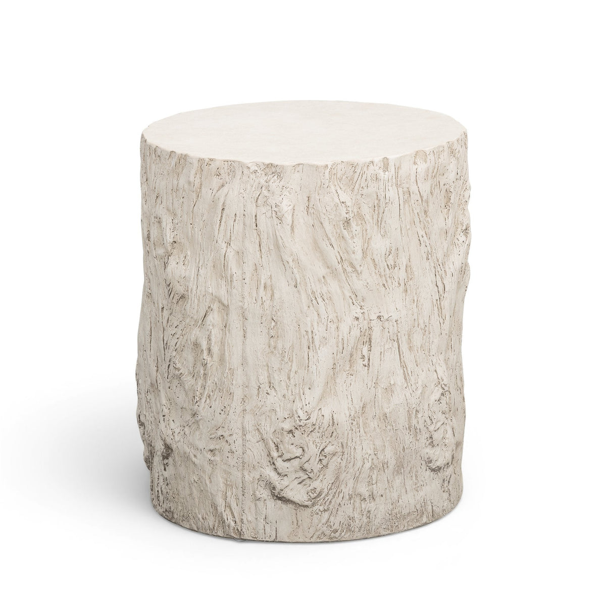 Front view of cast concrete side table showcasing realistic faux wood grain texture