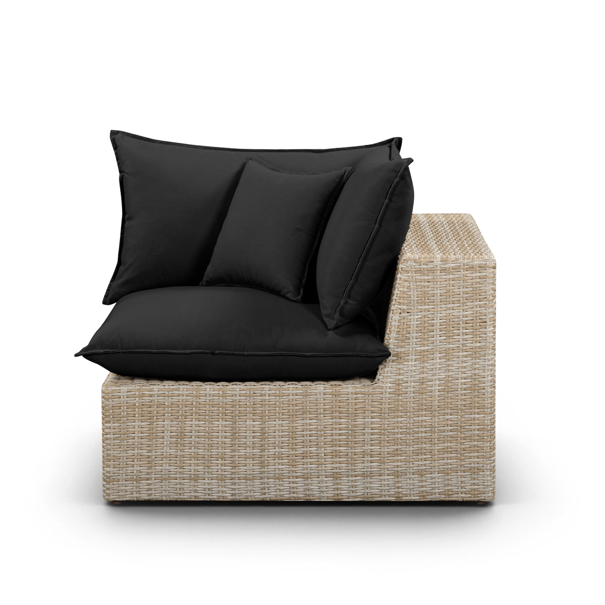 Close up view of black performance fabric seat cushion on Cali corner chair