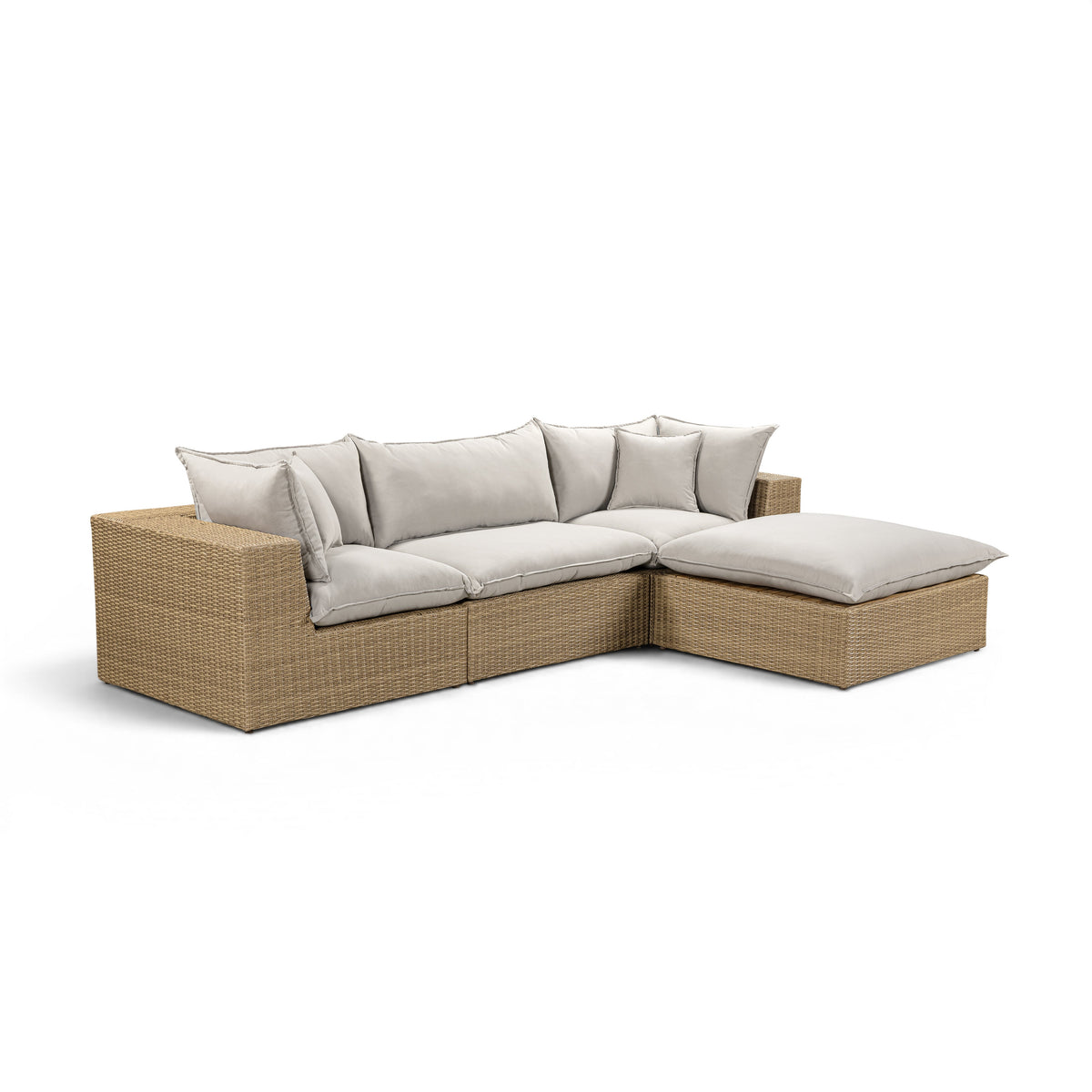 Cali 4-Piece Performance Fabric and Wicker Outdoor Sectional separated modular lounge chair setup