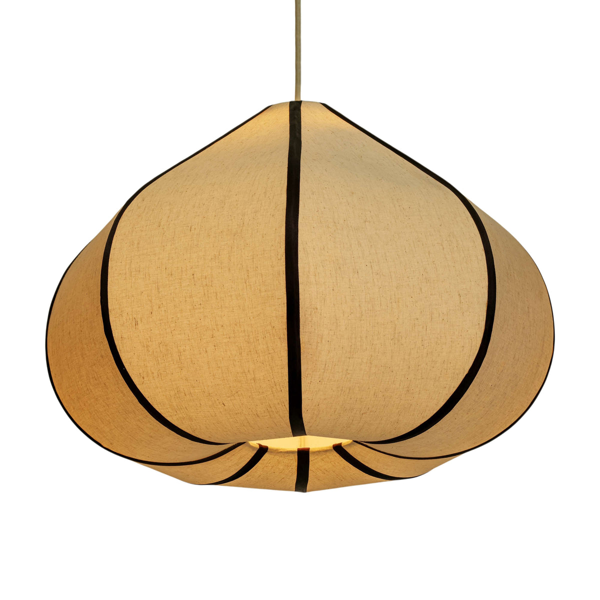 Josephine fabric teardrop pendant lamp illuminated in a contemporary dining room setting