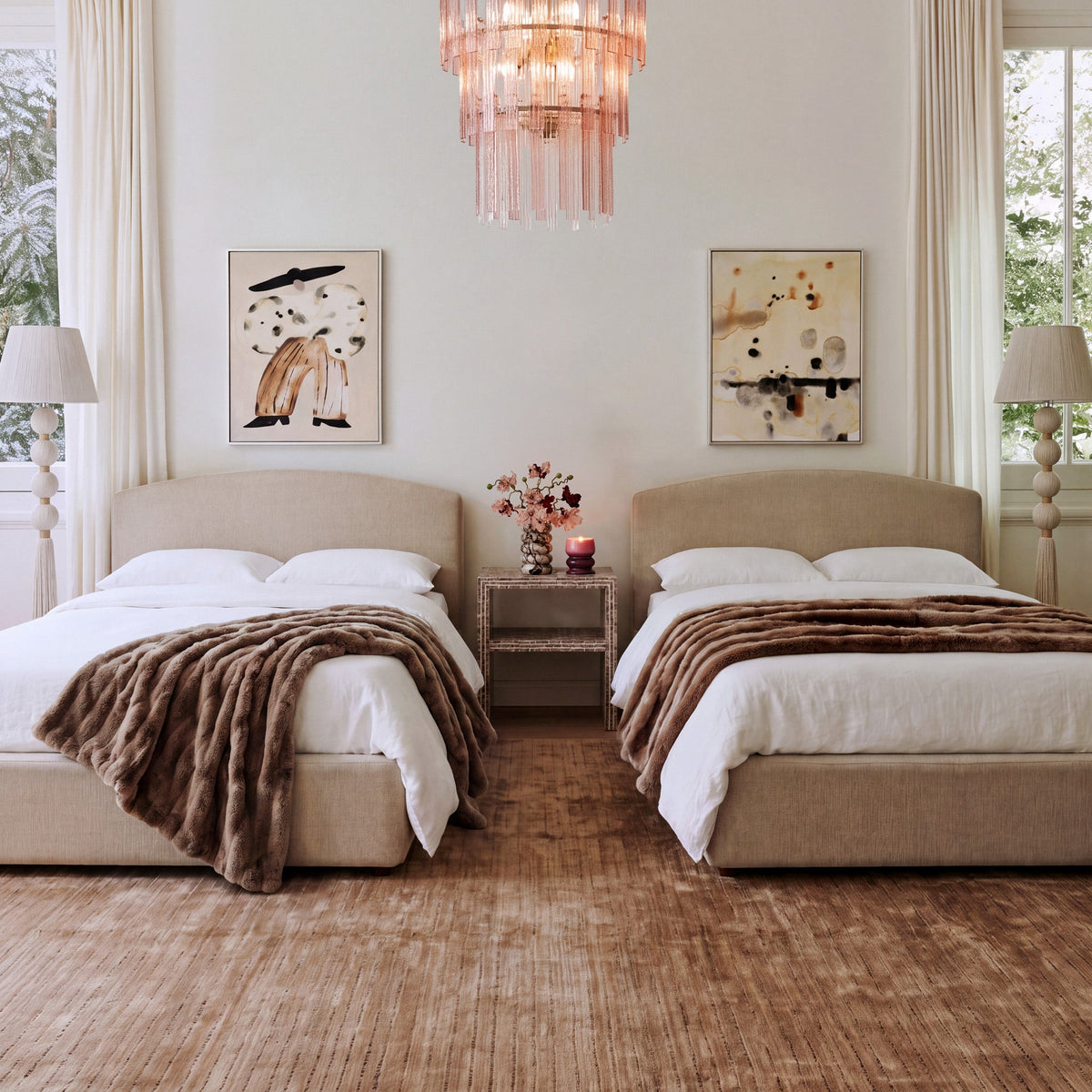 Leah 48-inch chenille bed frame with upholstered headboard in neutral bedroom