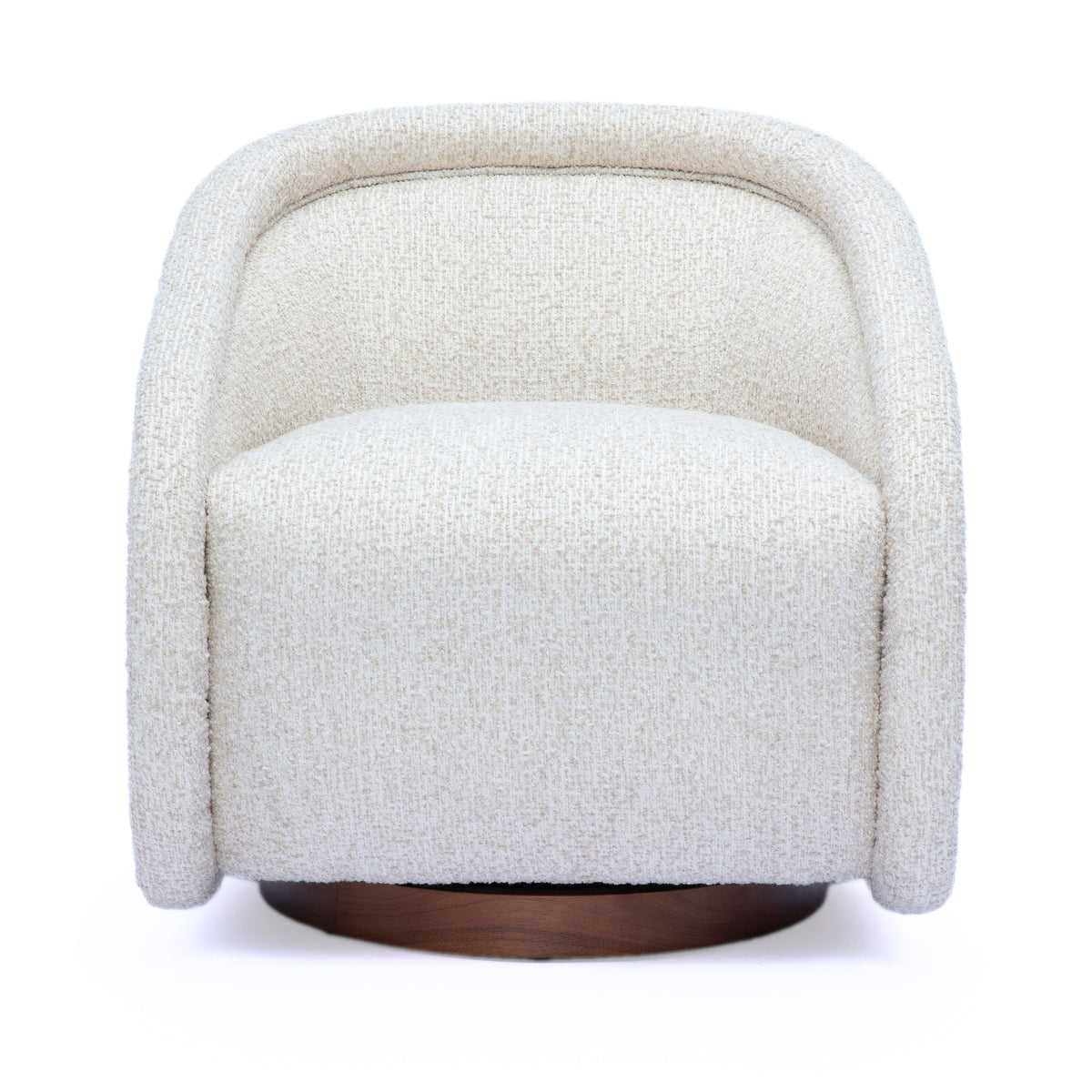 Side angle of Clarke cream textured boucle swivel chair showing deep cushioned seating
