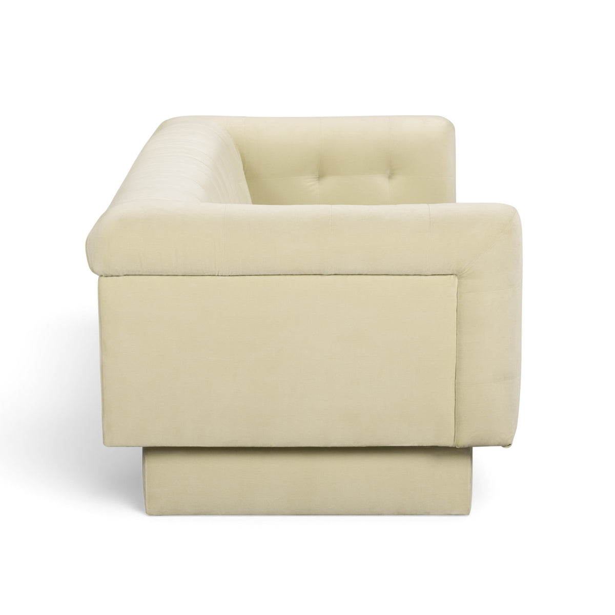Angle perspective of Jules 94-Inch velvet sofa in sand fabric for living room