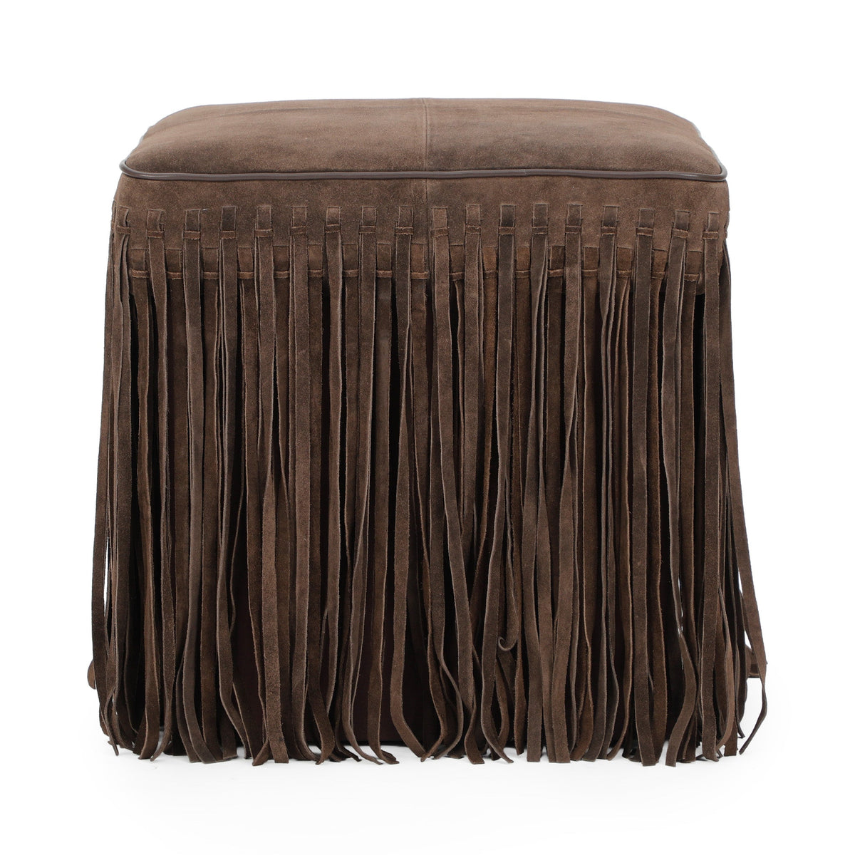 High angle view of the padded square seat on the Daphne fringe ottoman