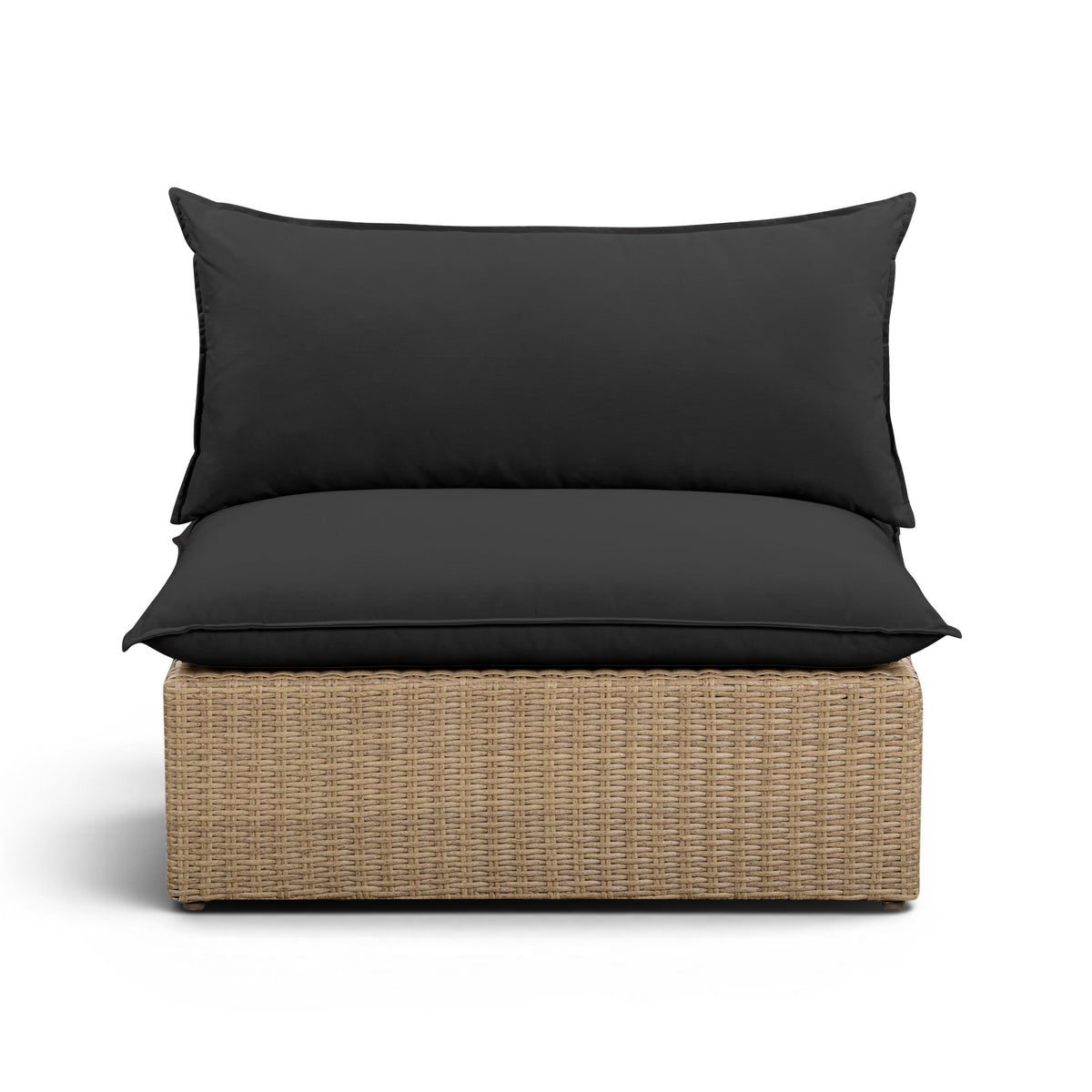 Cali outdoor armless chair in natural wicker finish paired with cream performance fabric cushions