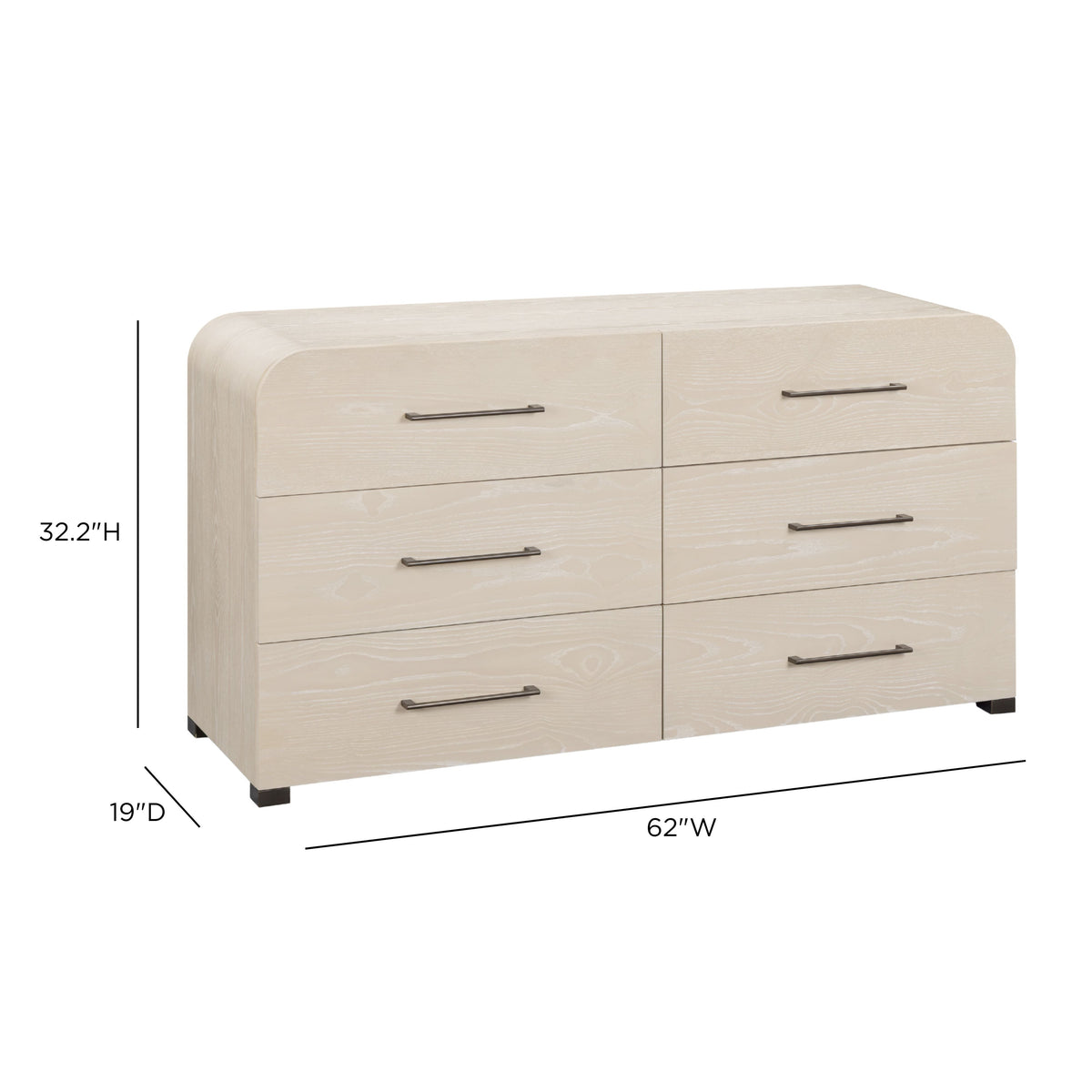 Full wide view of the Marissa ash wood 6 drawer dresser against a neutral interior wall