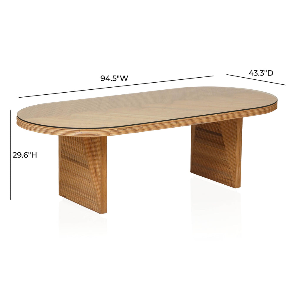 Caren 95" Natural Rattan and Glass Oval Dining Table dimensions