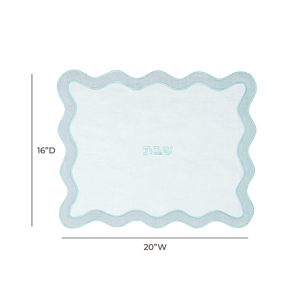 Wavy Challah Cover with Scalloped Design & Shabbat Lettering - Linen-Cotton Blend with Vegan Leather Back dimensions