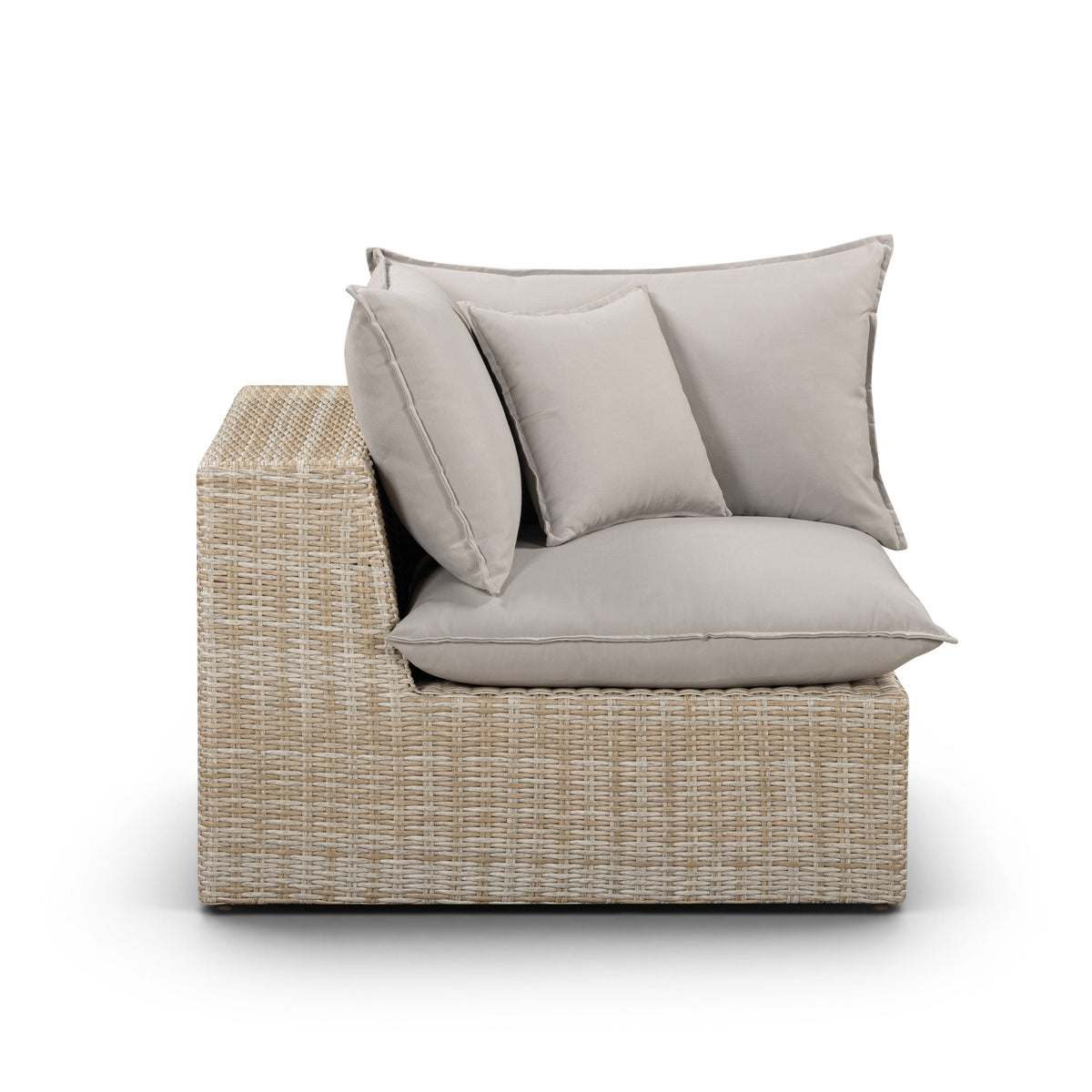 Cali Outdoor Corner Chair angled perspective showing grey cushions and woven wicker texture