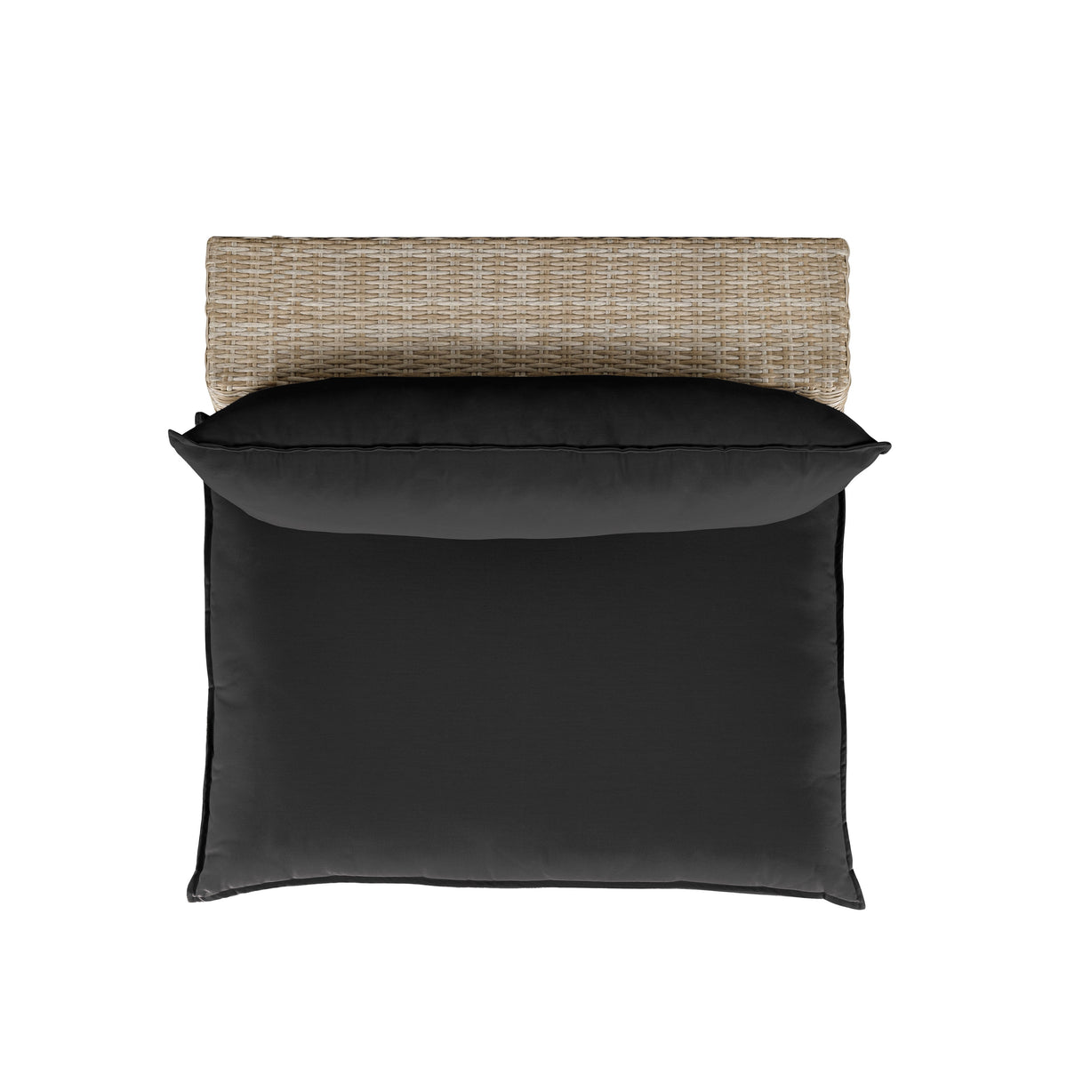 Three-quarter view of the Cali black wicker outdoor chair with plush black back cushion