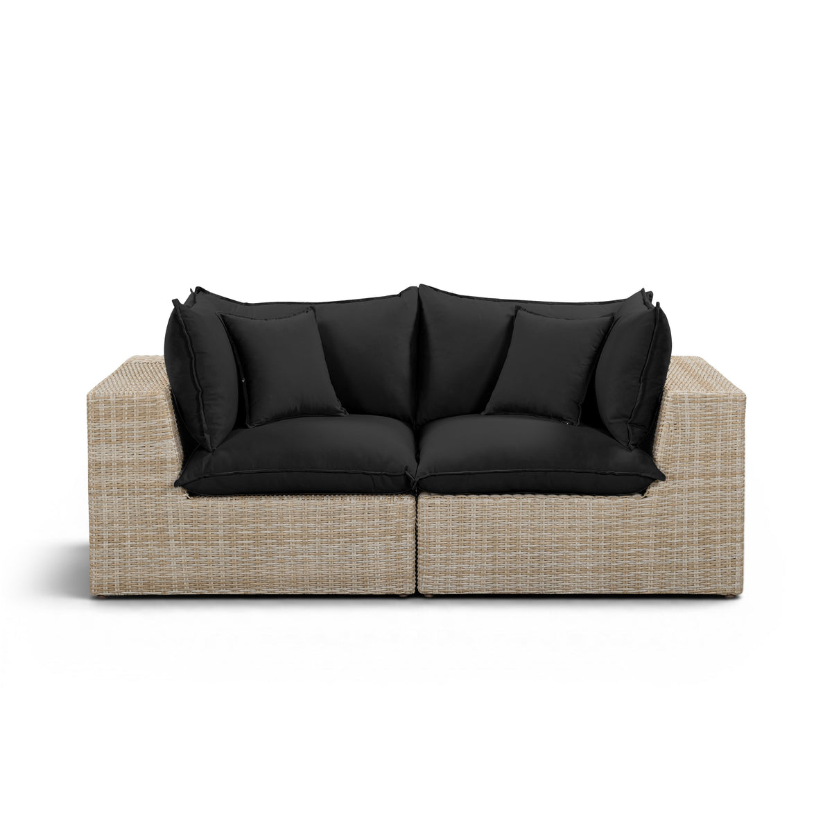 Cali outdoor loveseat with black performance fabric cushions and dark brown legs