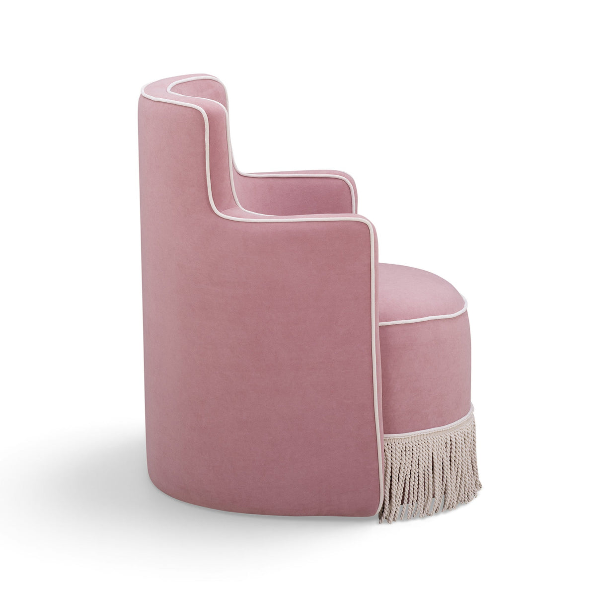 Passe Tasseled Velvet Swivel Accent Chair in Pink back view with clean curved profile