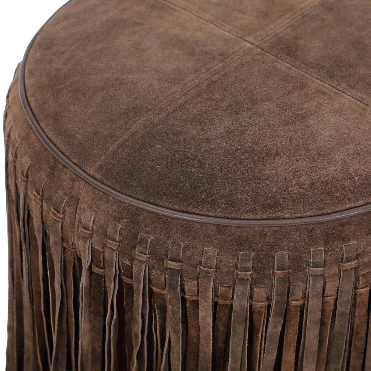 Daphne Round Suede Fringe Ottoman styled as an entryway accent seat