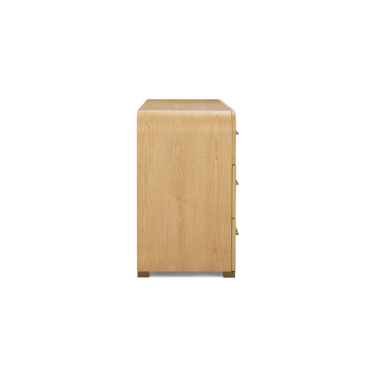 Side profile highlighting the softly rounded exterior edge of the ash wood dresser