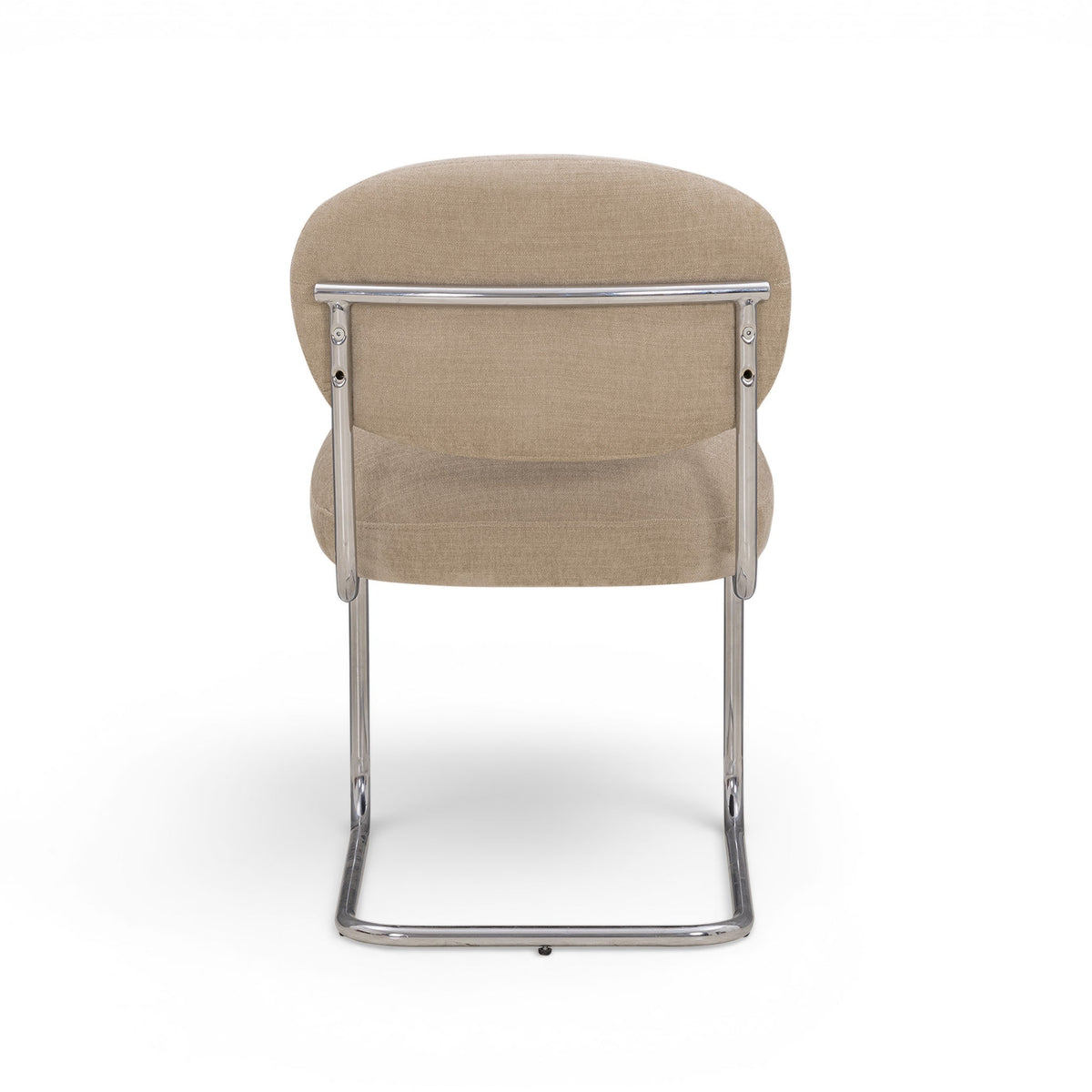 Becky Performance Chenille Chair back view displaying continuous chrome tubular structure