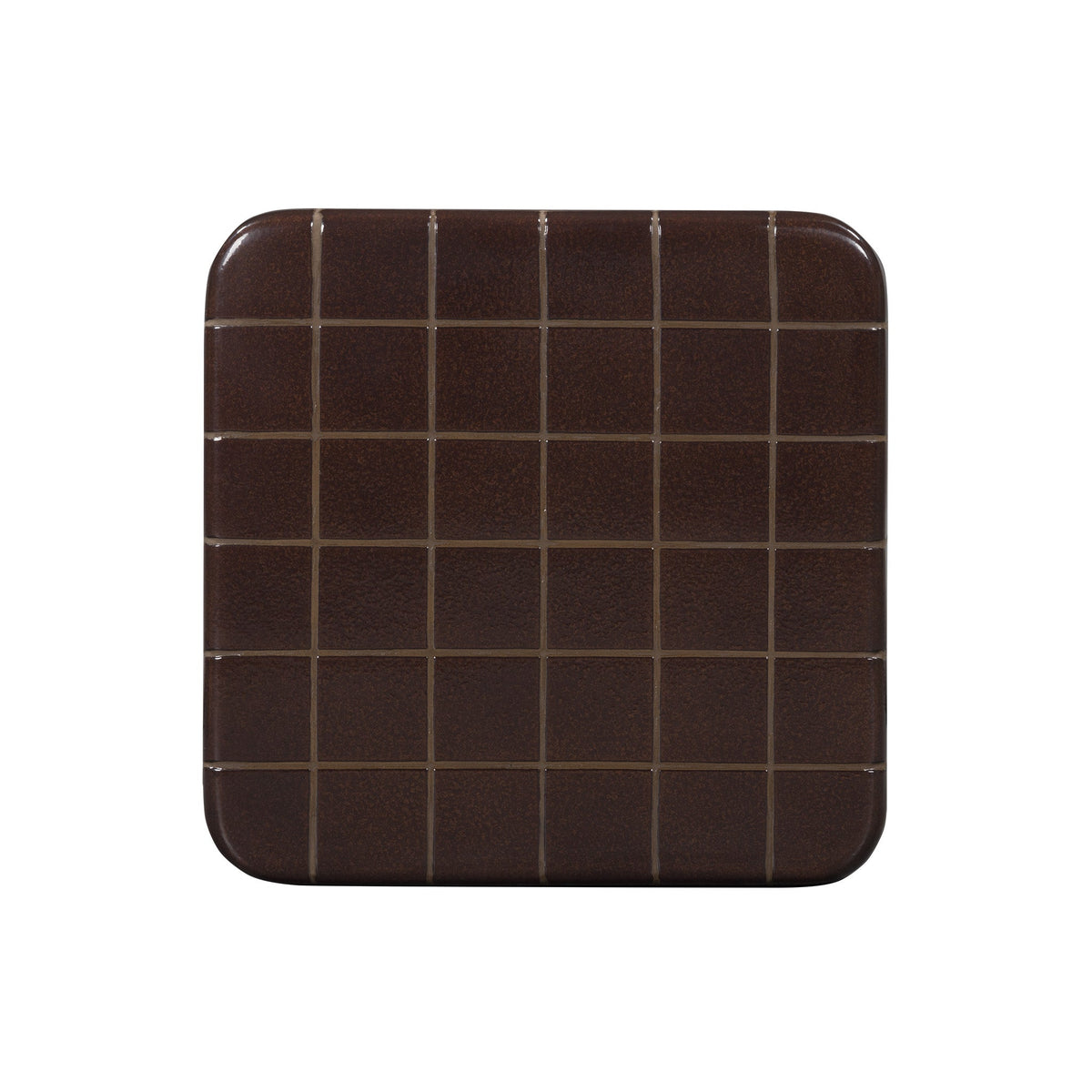 Maroon glazed faux ceramic finish detail on square concrete accent table
