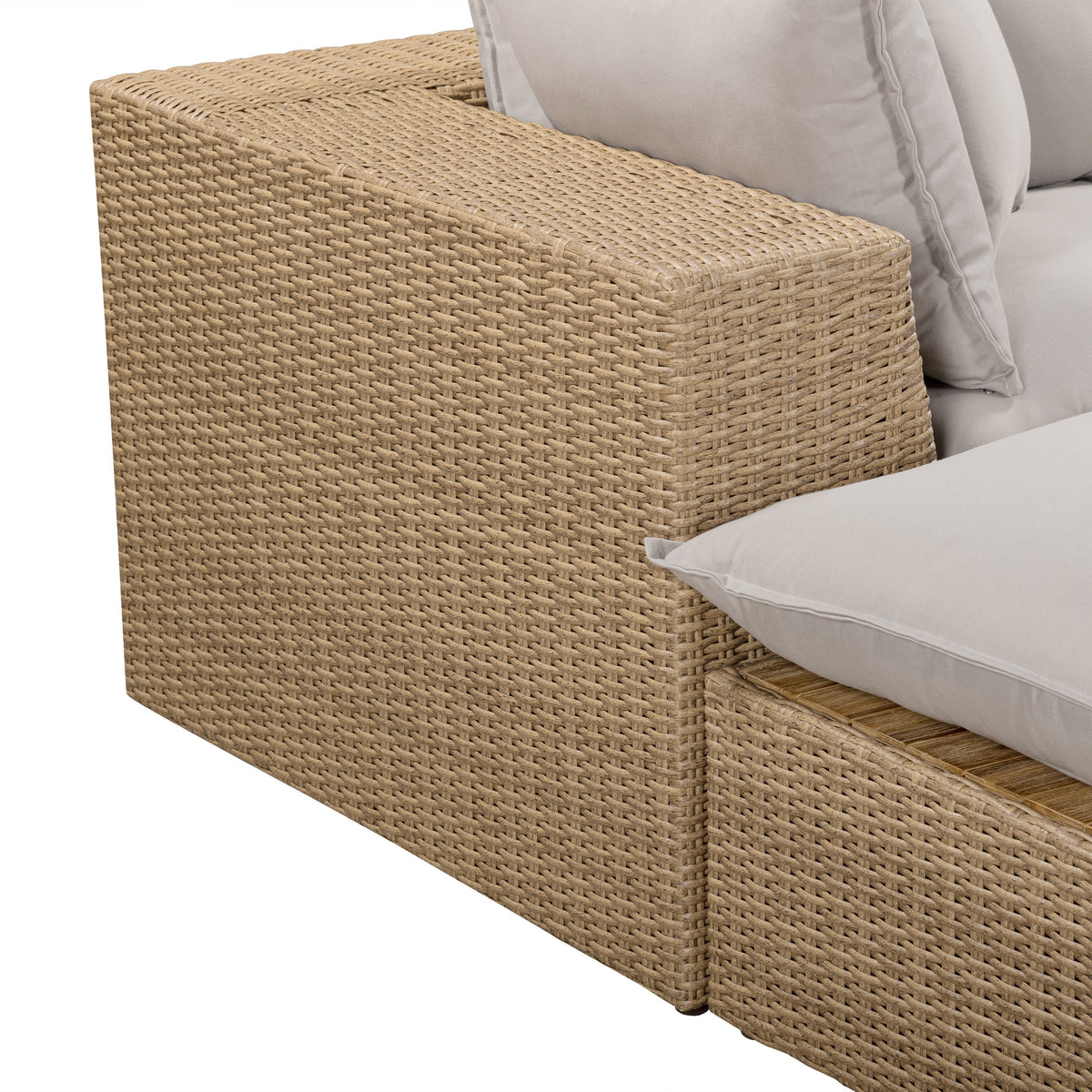 Cali 4-Piece Performance Fabric and Wicker Outdoor Sectional base frame and leveler feet detail
