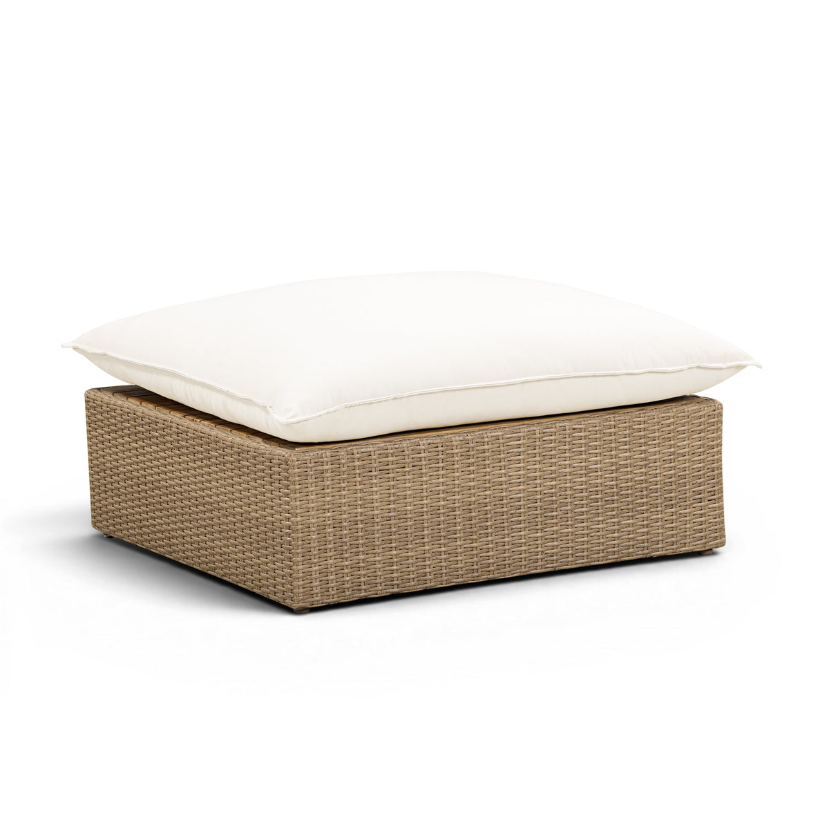 Angled perspective of Cream Fabric and Brown Wicker Cali Outdoor Ottoman