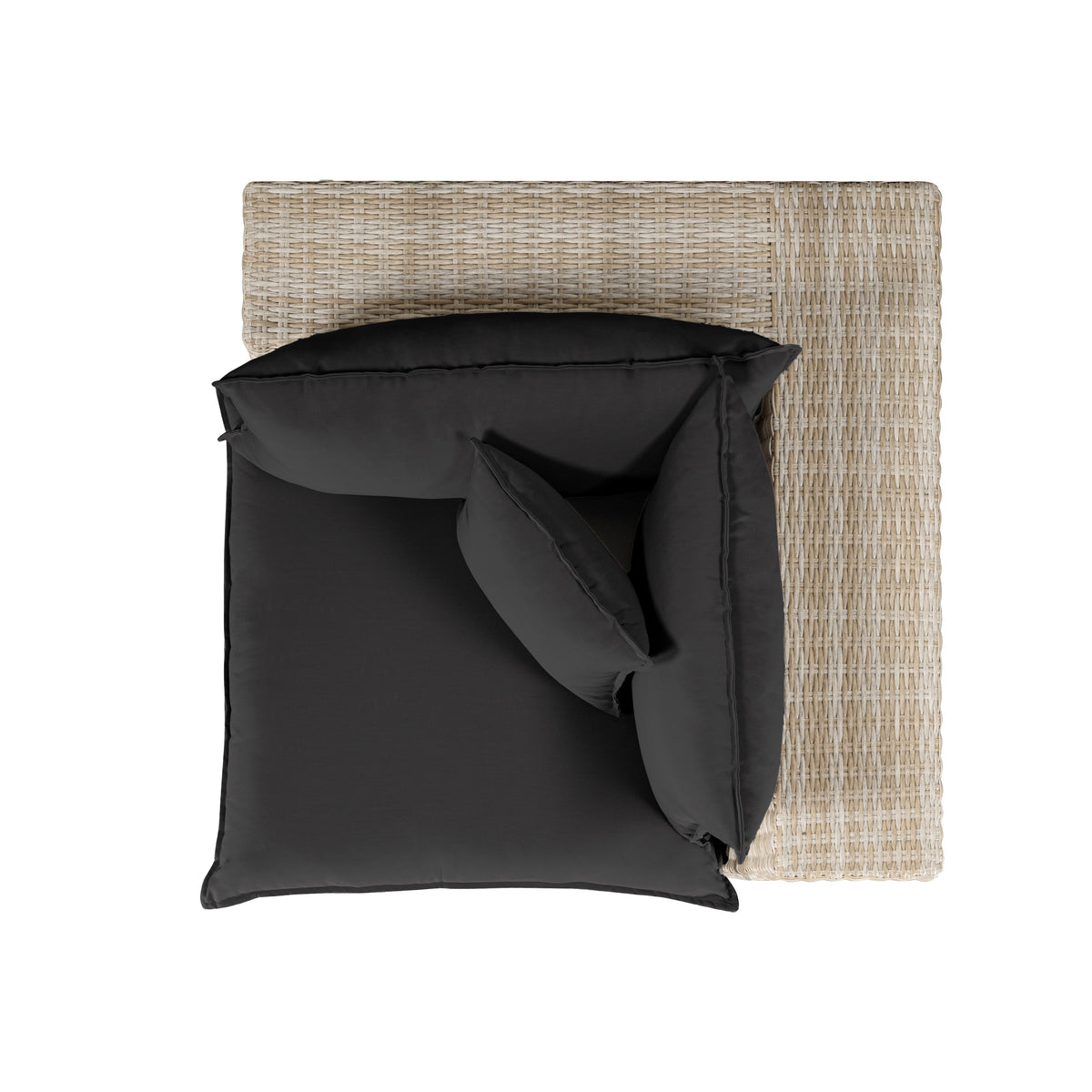 Rear angle of black and natural wicker Cali patio corner chair