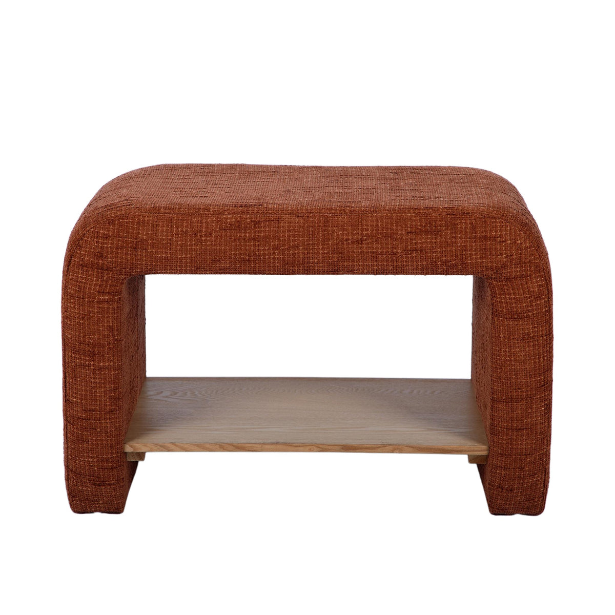 FOAK Alvie Railroad Chenille Storage End Table displaying curved silhouette
