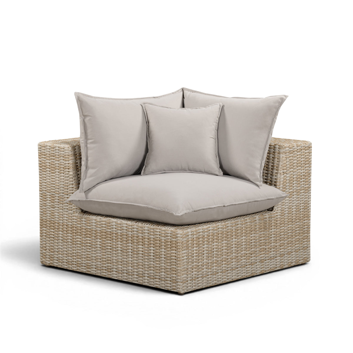 Cali Outdoor Corner Chair in Grey Performance Fabric with Natural Wicker Base front view