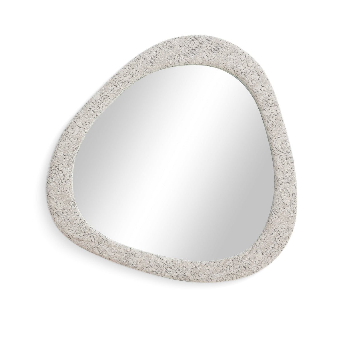Klaryss Neutral Floral Jacquard Wall Mirror front view displaying organic shape and fabric frame