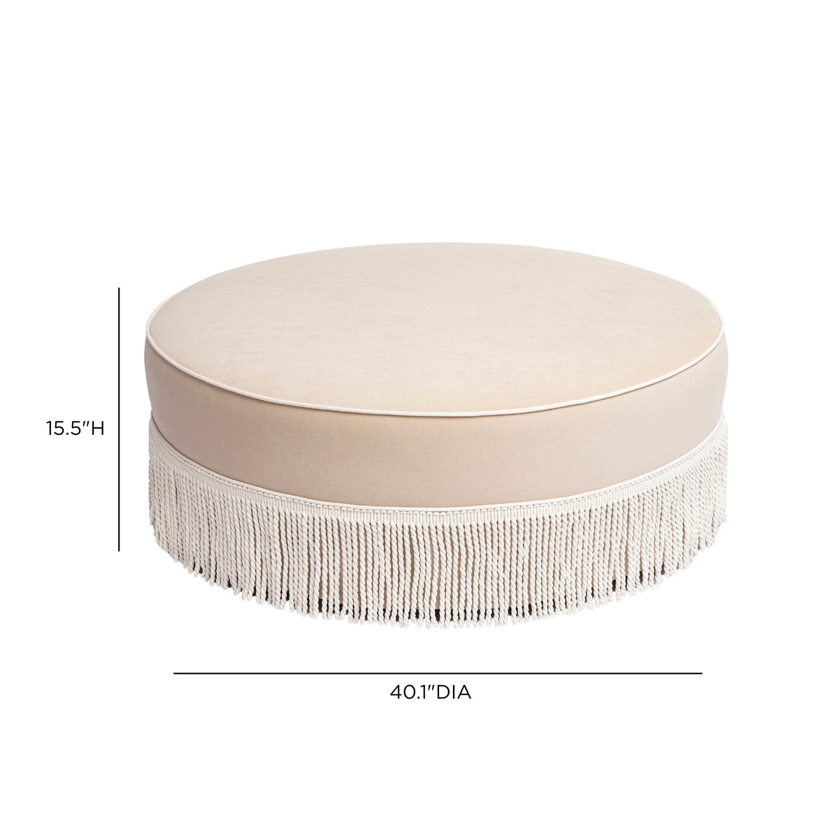 Detail shot of neutral floral patterned fabric weave and tonal fringe tassel border