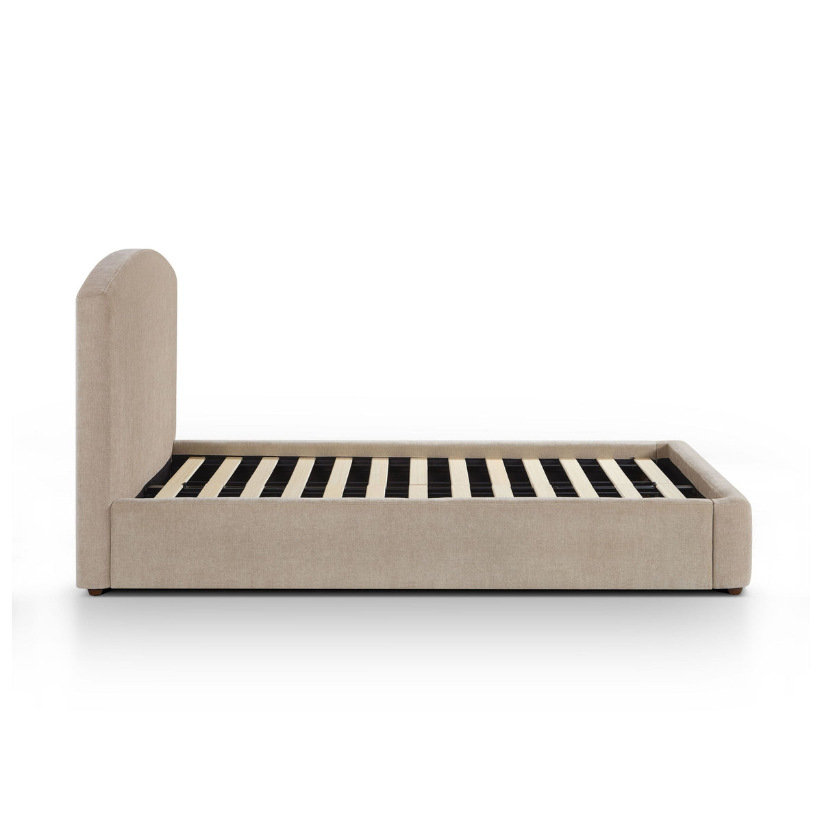 Detail of slat foundation system on Leah 48-inch upholstered platform bed