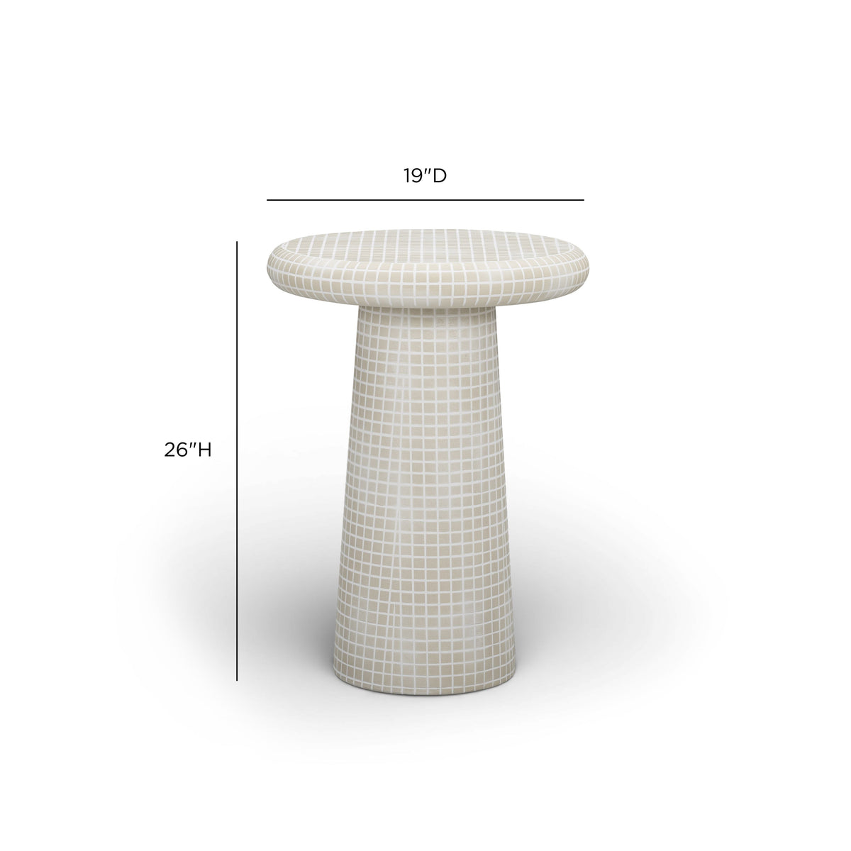Solid structural base and textured mosaic tile finish of the Monica side table